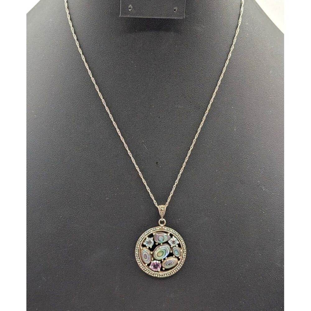 Vtg 925 Sterling Silver SLC Thailand Abalone Gemstone Marcasite Pendant Necklace
